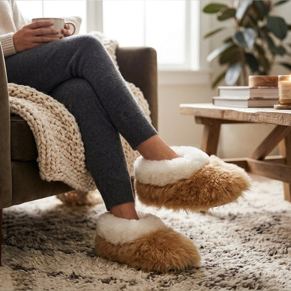 Handcrafted Peruvian Baby Alpaca Fuzzy Fur Slippers Cozy  Sheepskin Warm Soft